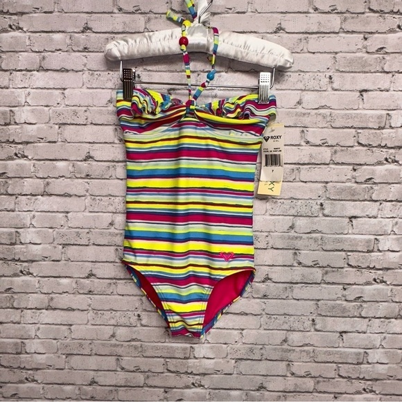 Roxy Girl Size 7 Little Girl Striped Ruffed Beads Colorful Swimsuit NEW NWT - Picture 1 of 9